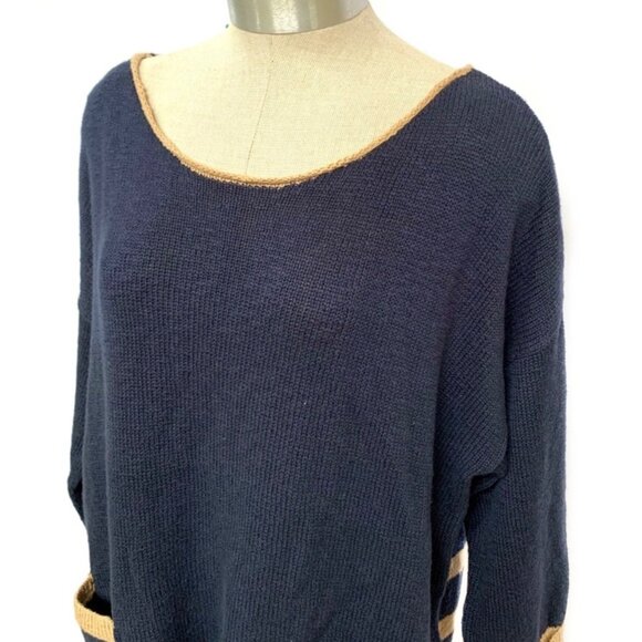 LUCKY BRAND Navy Blue + Tan Striped Back 3/4 Sleeve Women's Sweater NWT Size XL - Picture 3 of 7
